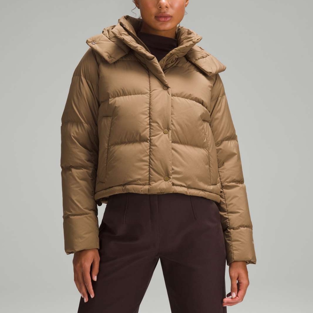 lululemon athletica Tan Puffer Jacket with Hood and Cropped Style